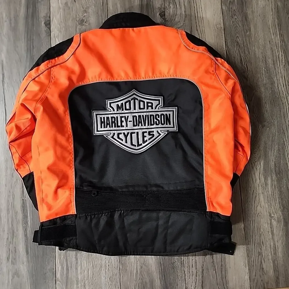 Harley Davidson ORANGE AND BLACK TEXTILE MOTORCYCLE JACKET Size Large